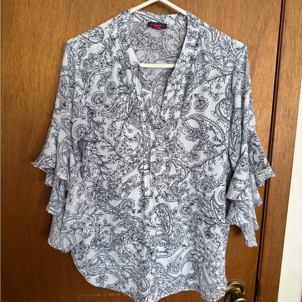 Vince Camuto Navy and White Flutter Sleeve Blouse
